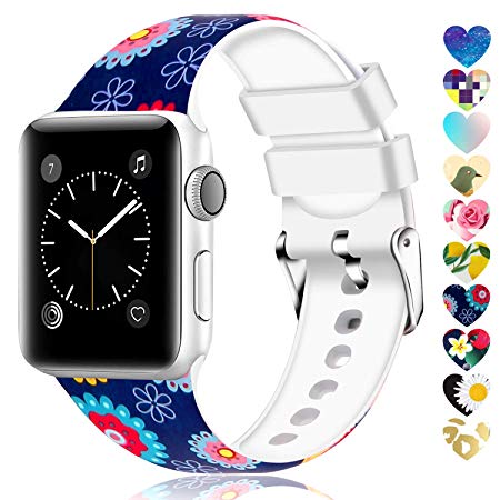 Moretek Colorful Band Compatible for Apple Watch 38mm 42mm 40mm 44mm,Soft Silicone Sport Replacement Strap for iWatch Series 4 3 2 1, Nike , Edition Women Men (Flower 7, 38/40mm)