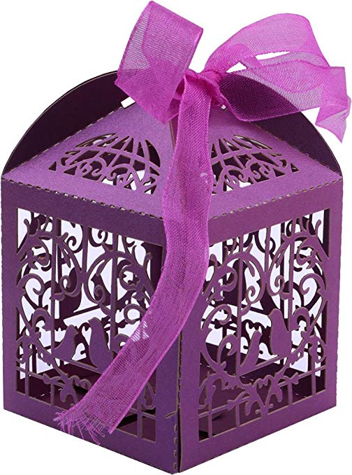 DriewWedding 50PCS Wedding Bridal Favor Gift Candy Boxes Case, Bird Style Hollow Wrap Boxs Bag Bomboniere with Ribbon Party Table Decor Kit Treat Box Chocolate Candy Wrappers Holders (Purple)