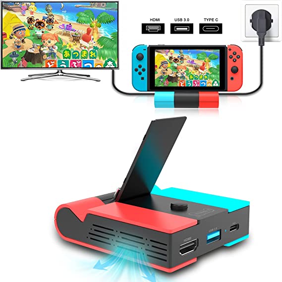 E-MODS GAMING Switch TV Dock, Foldable TV Docking Station Replacement for Nintendo Switch, Portable Charging Stand for Nintendo Switch with 4K HDMI USB 3.0 and Type C Power Ports (Neon Red Blue)