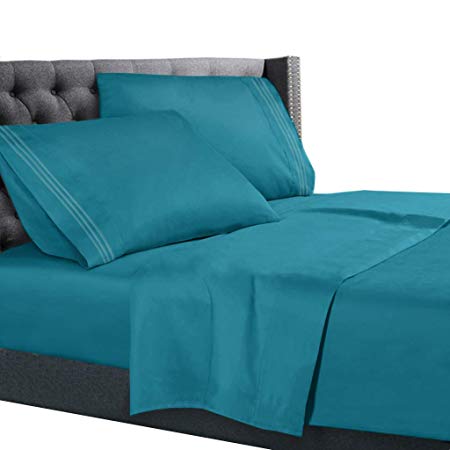 Nestl Bedding 4 Piece Sheet Set - 1800 Deep Pocket Bed Sheet Set - Hotel Luxury Double Brushed Microfiber Sheets - Deep Pocket Fitted Sheet, Flat Sheet, Pillow Cases, RV/Short Queen - Teal