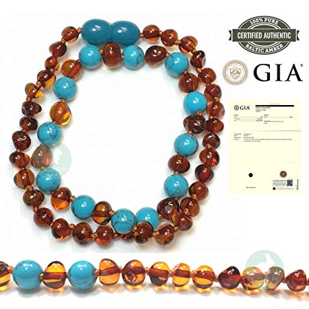 GIA Certified Amber Teething Necklace for Newborns & Babies - Pure Natural Baltic Amber to Reduce Tooth Pain, Drooling & Anti-Flammatory (Cognac/Turquoise)