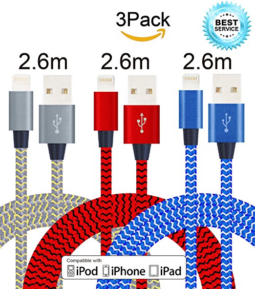Mscrosmi 3Pack 2.6M Nylon Braided Lightning to USB Cable for Apple iPhone 7/7 Plus/6/6s/6 Plus/6s Plus/5/5c/5s/SE/iPad/iPod and More (Blue White,Red Black ,Gray gold)
