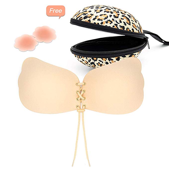 Veroyi Butterfly-Shaped Sticky Invisible Strapless Push-up Bra with Drawstring, Free Nipple Cover, Portable Storage Case
