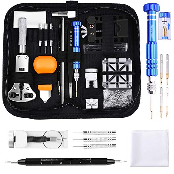 ETEPON Professional Watch Repair Kit Tool Watchmaker Case Back Opener Watch Band Buckle Remove with Scaled Spring Bar Pin Tweezers Screwdriver Case Band Holder Removal ET015 … (Watch Repair kit)