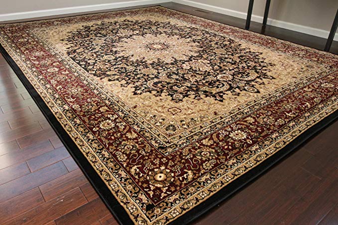 Dunes Traditional Isfahan High Density 1" Thick Wool 1.5 Million Point Persian Area Rug, 9 x 12, Black