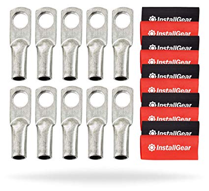 InstallGear 8 Gauge AWG Tinned Pure Copper Lugs Ring Terminals Connectors with Heat Shrink - 10-Pack