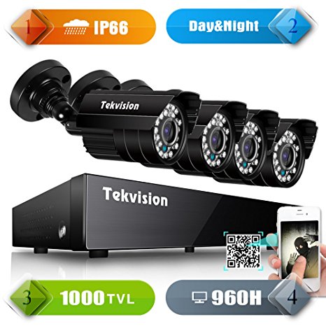 Tekvision H.264 AHD 8CH 960H DVR Video Security Camera System, 4 Piece 960H 1200TVL IP66 Waterproof IR-Cut Night Vision Bullet Camera, No HDD Drive, -free CAT-5 Ethernet Cable and HDMI Cable