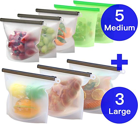 8 Pack Reusable Silicone Food Storage Bag, Storage Bulk Bags (5 Medium & 3 Large) for Sandwich/Snack/Lunch/Fruit, Leakproof, Dishwasher Safe, Microwave Freezer, Maintain Freshness and Food Quality