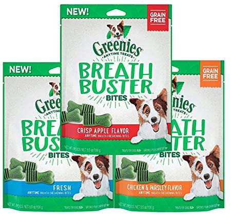 Greenies Dental Treats - Breath Buster Bites Variety 3 Pack Bundle- Natural Dog Treats for Bad Breath (Chicken, Apple & Mint Fresh Flavors)