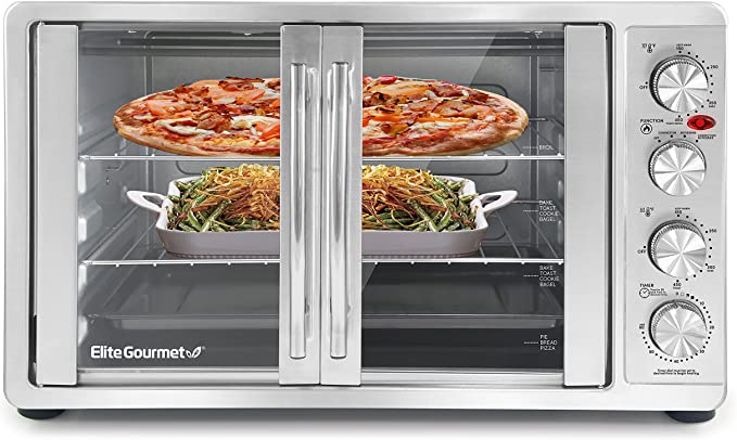 Elite Gourmet ETO4510B Double French Door Countertop Convection Toaster Oven, Bake Broil Toast Rotisserie Keep Warm 12"-14" Pizza 2 Racks, 18-Slice, 45 L, Stainless Steel & Black