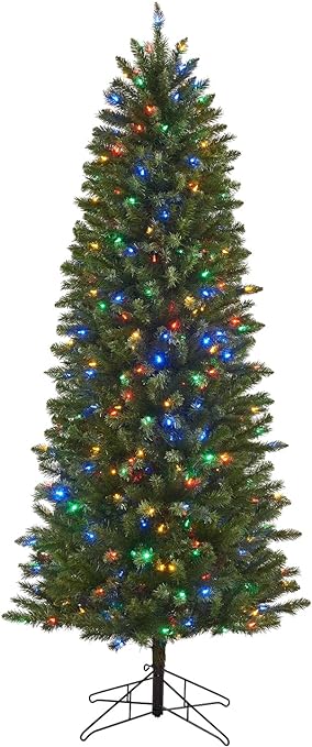 Honeywell 7ft Slim Pre-Lit Christmas Tree, Eagle Peak Pine Pencil Artificial Christmas Tree with 350 Color Changing LED Lights, Xmas Tree with 949 PVC Tips,Tree Top Connector, UL Certified