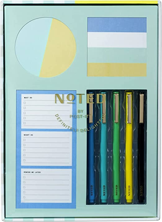 Noted by Post-it Printed Notes Gift Box, 4 Piece Set, Cool Colors, Includes Round Sticky Notes, Square Sticky Notes, Mini List Sticky Notes, 3-Pack Pens (NTD-BOX-SGR)