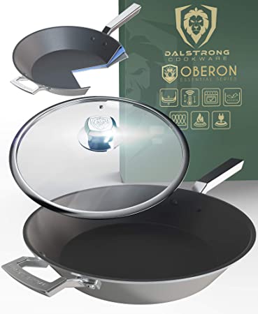 DALSTRONG 12" Skew Frypan - The Oberon Series - ETERNA Non-Stick Coating - 3 Quart - 3-Ply Aluminum Core Cookware - Silver - w/Lid & Pot Protector