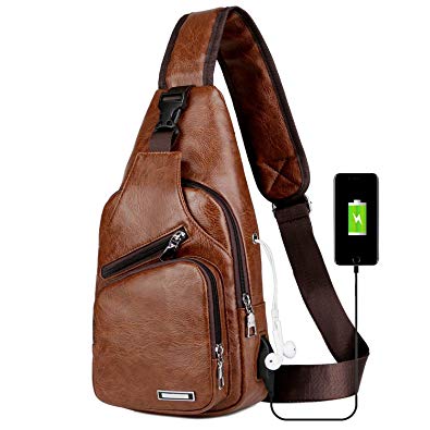 Men's Sling Bag Vintage Leather Chest Shoulder Backpack Crossbody Purse with USB Charging Port for Hiking Cycling Camping Daypacks