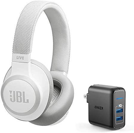 JBL Live 650 BT NC Over-Ear Noise Canceling Wireless Bluetooth Headphone Bundle with Anker PowerPort Elite 2 Ports USB Wall Charger - White