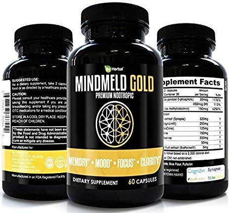 BE HERBAL MindMeld Premium Nootropics Supplement for Memory, Focus, Clarity and Mood, Contains Cognizin CitiColine, Synapsa Bacopa Monierri, TeaCrine, L-Theanine, L-phenylalanine, PS & Vitamins