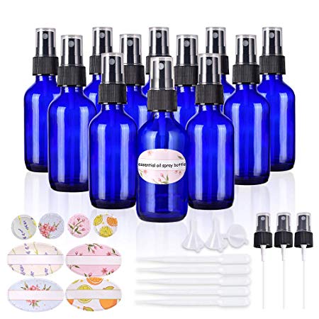 Empty spray bottles,2oz Refillable Glass Spray Bottle is Great for Essential Oils,Beauty Products, Homemade Cleaners and Aromatherapy-12Pack (3 Funnels,5 Droppers,3 Extra Nozzles,Labels Included)