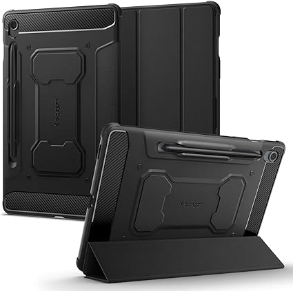 Spigen Rugged Armor Pro Designed for Samsung Galaxy Tab S9 FE 10.9 Inch 2023 Shockproof Full Body Trifold Stand TPU Back Cover Case with Pen Holder Slot Auto-Wake Feature - Black