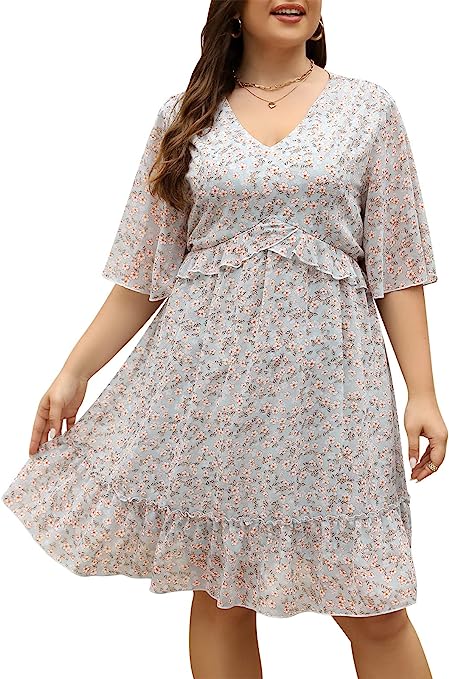 Nemidor Womens Loose Plus Size Summer Ditsy Floral Print Ruffle Mini Flowy Dress NEM314