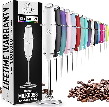 Zulay Powerful Milk Frother Handheld Foam Maker for Lattes - Whisk Drink Mixer for Coffee, Mini Foamer for Cappuccino, Frappe, Matcha, Hot Chocolate by Milk Boss (Blizzard White)