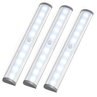 LE® Motion Sensing Closet Light, 10-led Wireless Stick-on Anywhere Stair Lights, LED Light Bar with Magnetic Strip, Battery Operated, 6000K Daylight White, LED Night Light, Silver, 3-Pack