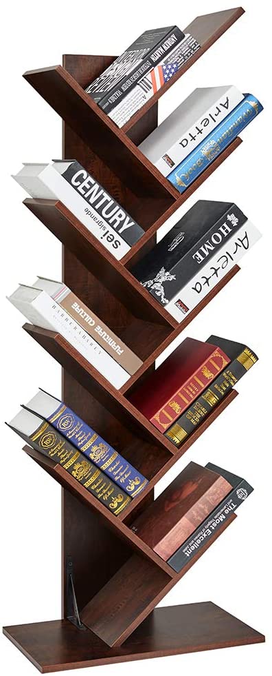 SUPERJARE 9-Shelf Tree Bookshelf, Floor Standing Tree Bookcase in Living Room/Home/Office, Bookshelves Storage Rack for CDs/Movies/Books - Walnut Brown