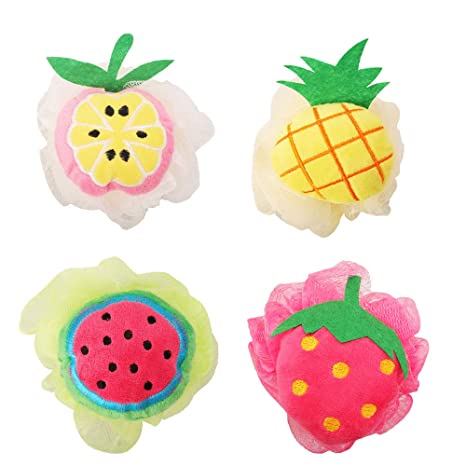 Rocutus 4pcs Child Bath Shower Sponge Pouf Loofahs Mesh Brush Shower Ball Cute Bath Flower with Hooks for Travel (Mixed 1)