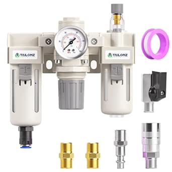 TAILONZ PNEUMATIC 1/2 Inch NPT Automatic Drain 3 in 1 Oil Air Pressure Regulator Filter AC4000-04D（0-150PSI） with Lubricator Cup for Air Tools System