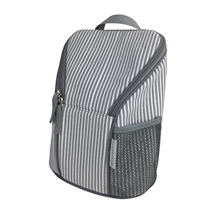 KidZone by IPP - Baby Bottle Bag - Insulated Tote, Dual Zipper, Mesh Pocket with Ice Pack (Grey Trim - Grey/White Mini-Stripe)