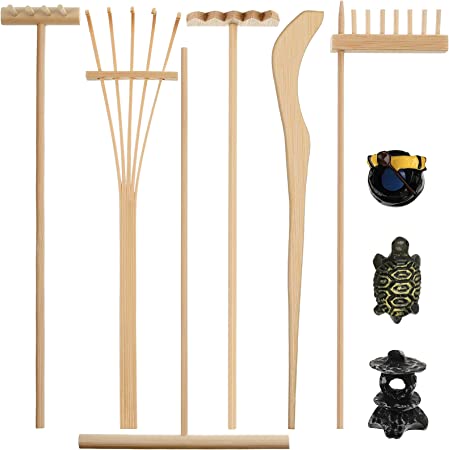 9 Pieces Mini Zen Garden Sandbox Zen Garden Rake Tools Desktop Bamboo Zen Garden Kit Mini Zen Garden Tools Accessories with Figurines for Parents for Mediation Table Decor