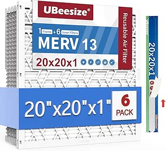 UBeesize 20x20x1 Air Filter(6-Pack),Upgrade AC/HVAC/Furnace Filter,MERV 13,MPR 1800,Easy to Close/Open,1xReusable ABS Frame 6xReplaceable Filter(Actual Size: 19.72x19.72x0.87 Inch)