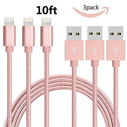 Lightning Cable,ViiVor Nylon Braided Lightning to USB Syncing and Charging Cable / iphone Cord for Apple 7/7 Plus/6/6 Plus/6s/6s Plus/5/5c/5s/SE,iPad/iPod on iOS9(3Pack 10FT Rose Gold)