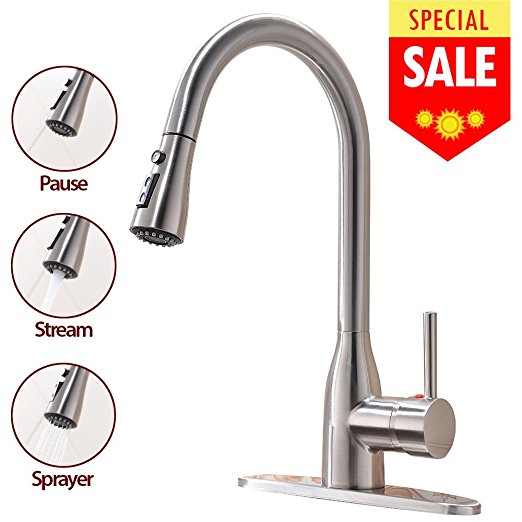 VESLA HOME Commercial Stainless Steel Single Handle Pull Down Sprayer Brushed Nickel Kitchen Sink Faucet,Kitchen Faucets with Deck Plate