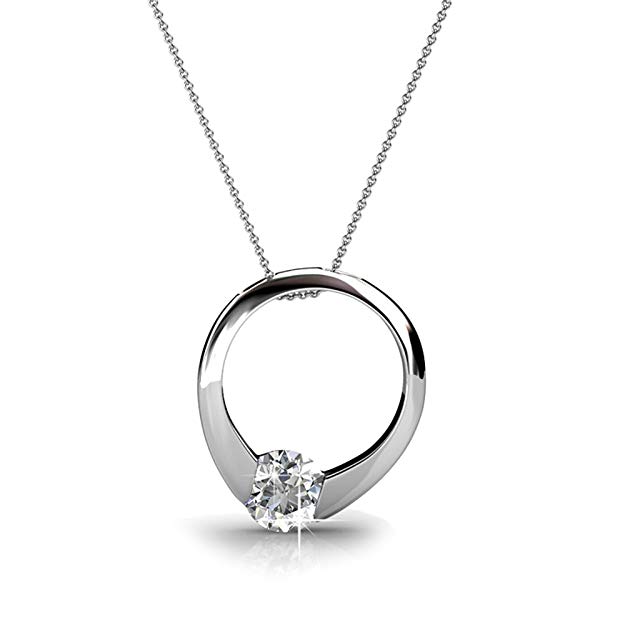Cate & Chloe Dahlia 18k White Gold Plated Pendant Necklace with Swarovski Crystals, Silver Round Cut Solitaire Diamond Ring Necklace for Women, Anniversary Necklace - Hypoallergenic