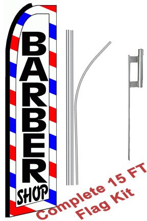 NEOPlex - "Barber Shop (Extra Wide)" Complete Flag Kit - Includes 12' Swooper Feather Business Flag With 15-foot Anodized Aluminum Flagpole AND Ground Spike