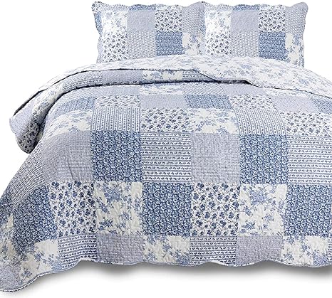 KASENTEX Country-Chic Printed Pre-Washed Set. Microfiber Fabric Design. Single Quilt   1 Sham. Multi-Blue, 68X86 20X26 X1,. Twin