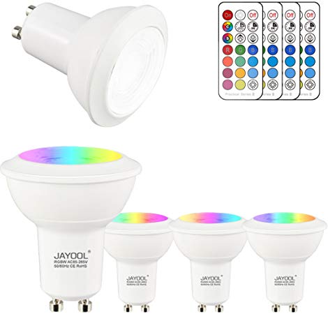 Jayool GU10 LED Bulbs, Dimmable 3W Colour Changing Spot Light Bullb with Remote, RGB   Daylight White, Timer, 45° Beam Angle (Pack of 4)