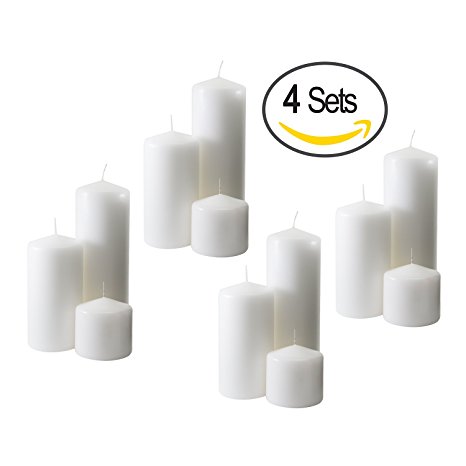 4 Sets of 3" Pillar Candles (12 Candles) for Wedding, Birthday, Holiday & Home Decoration, 3x3, 3x6, 3x9, White Wax, by Royal Imports