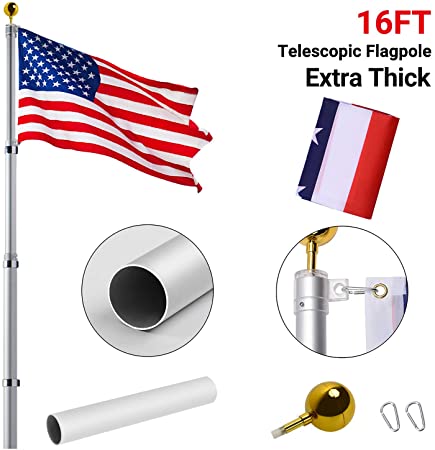 Gientan 16FT Telescopic Flag Pole, 16 Gauge Aluminum Flagpole Kit with Free 3x5 American Flag, Portable for Residential Garden Outdoor RV