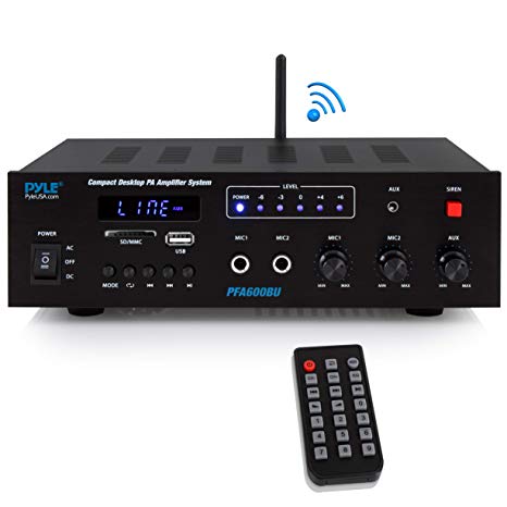 Wireless Bluetooth Karaoke Amplifier - 300 Watts 2 Channel  Digital Home Audio PA Receiver System 2 Microphone Input Control, FM Radio, USB,12 Volt Power Option - Pyle PFA600BU