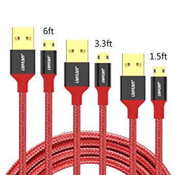 Micro USB Cable,JianHan 3 Pack 1.5FT 3.3FT 6FT Nylon Braided Android USB Charger Cable Reversible Micro USB Charging Cord for Samsung Galaxy S7 S6 S6 Edge S4 S3 Note 5,LG G3 G4,Sony Xperia Z5 and More Android Smartphones (Red)