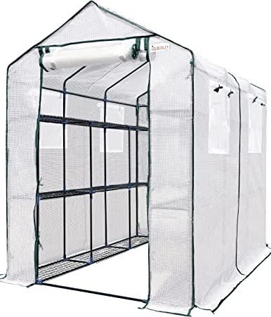 KING BIRD Upgraded 7 x 4.7 x 6.4 FT Walk-in Greenhouse for Outdoors, Thickened PE Cover & Heavy Duty Powder-Coated Steel, w/ Zippered Mesh Door & Screen Windows, 20 Sturdy Shelves for Garden, White