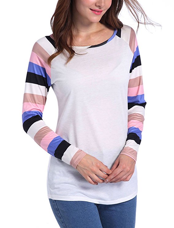 Ebizza Women's Round Neck Color Block Tops Long Sleeve Stripe T-shirts Blouses