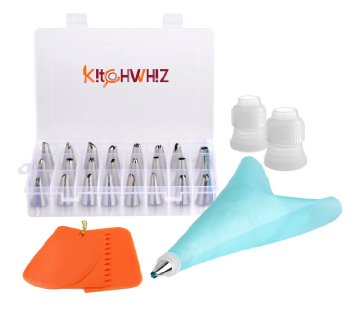 Cake Decorating Kit by KitcWhiz [30pcs] Professional Stainless Steel cake decorating tips - includes Reusable silicone icing bag, two couplers, 3 Cake Scrapers and storage case.