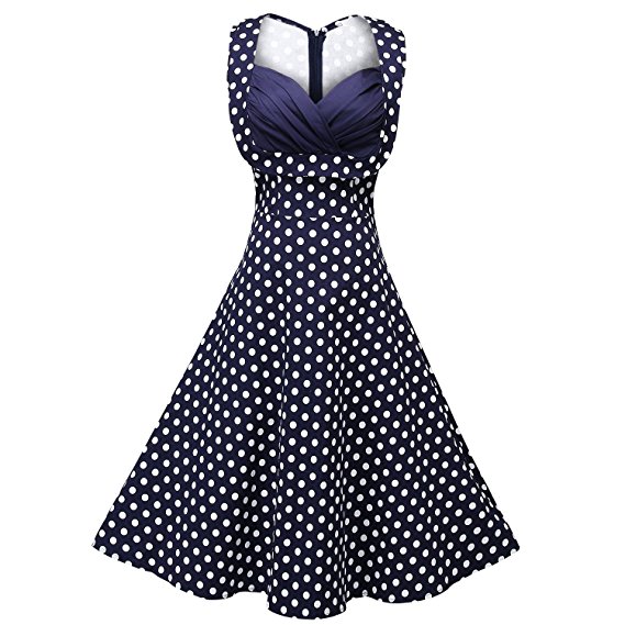 Creti Women's 1950s Vintage Halter Polka Dot V-Neck Sleeveless Swing Dress