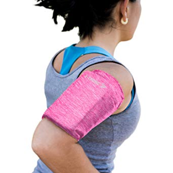 Phone Armband Sleeve: Best Running Sports PINK Arm Band Strap Holder Pouch Bag Case for Gym Exercise Fitness Workout Fits All Smartphone Cell Phones With Sweatproof for Women, Girls, Men, Kids (SMALL)