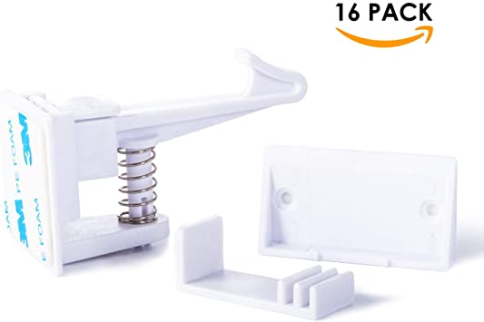 SOUQ SOUL Cabinet Locks Child Safety Latches - Baby Proofing Drawers and Cupboards Invisible Spring Lock Design for Cabinets with Strong Adhesive No Drilling 16 Pack White with 4 Protection Angles
