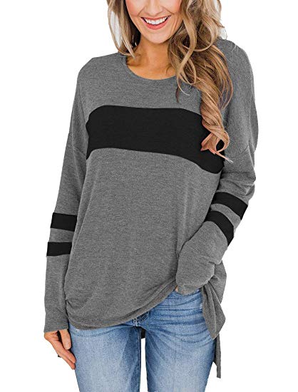 Hilltichu Women's Color Block Long Sleeve Shirt Pullover Round Neck Side Split High Low Tunic Tops
