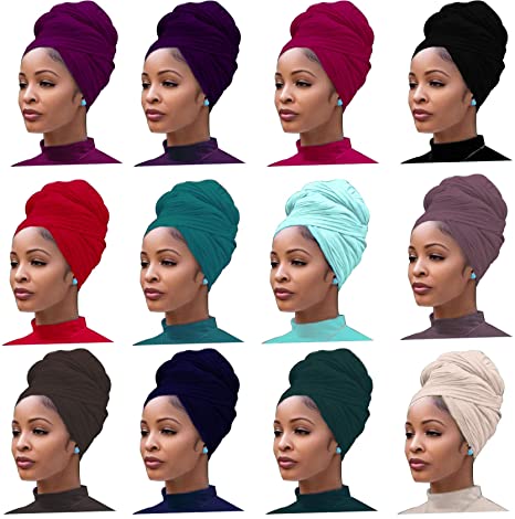 12 Pieces Head Wrap Scarf Stretch Jersey Turban Extra Long Ultra Soft Urban Headwraps for Women Solid Color African Headwear Headband Tie Wholesale Set02