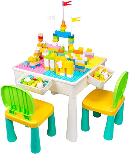 AMOSTING Kids Activity Height Adjustable Table and 2 Chair Set.Include 100Pcs Large Size Blocks Compatible with Big Blocks.Non-Toxic and Durable Plastic Toy Storage for Kids.